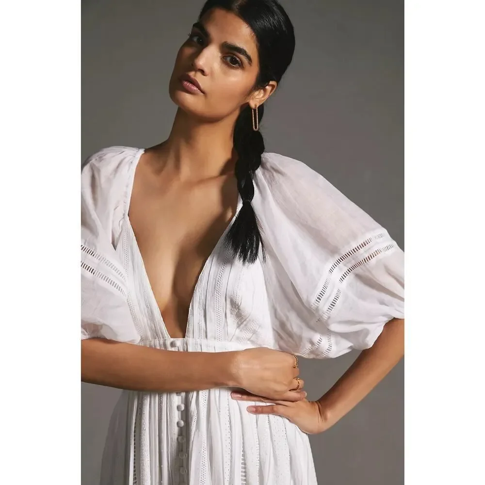 Joslin Anthropologie White Julianna Cotton Maxi Dress 4 Puff Sleeves Open Back - Picture 6 of 13